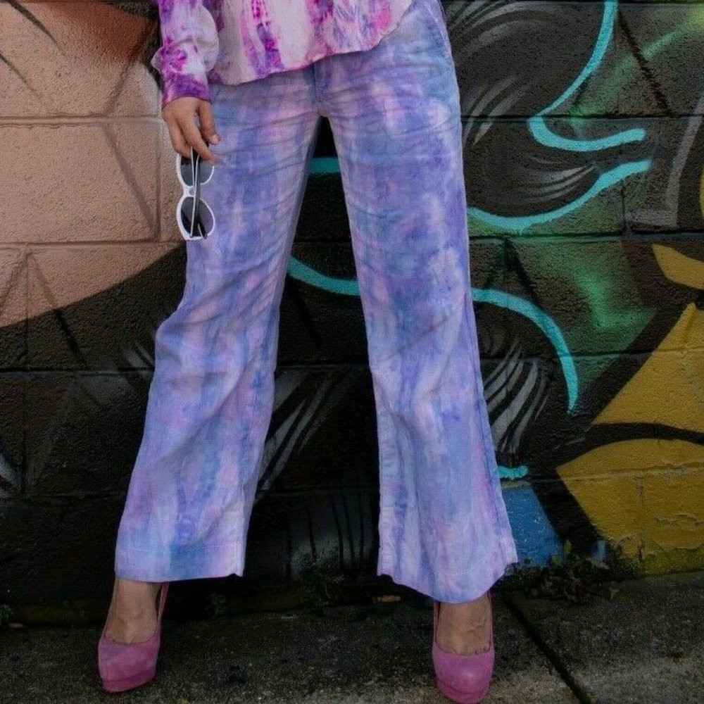 Lucky wide leg flare Linen Beach Pants 2 4 Pink blue purple white tie dyed small